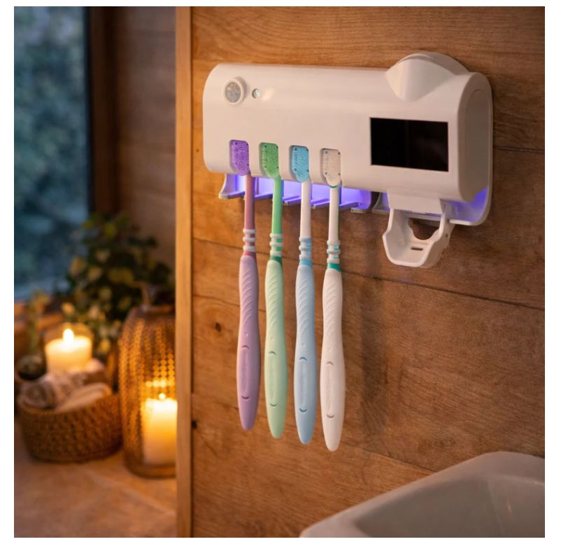 Suporte inteligente com esterilização UV instalado na parede do banheiro